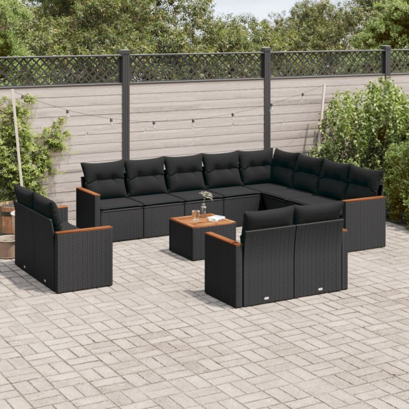 13-tlg. Garten-Sofagarnitur mit Kissen Schwarz Poly Rattan