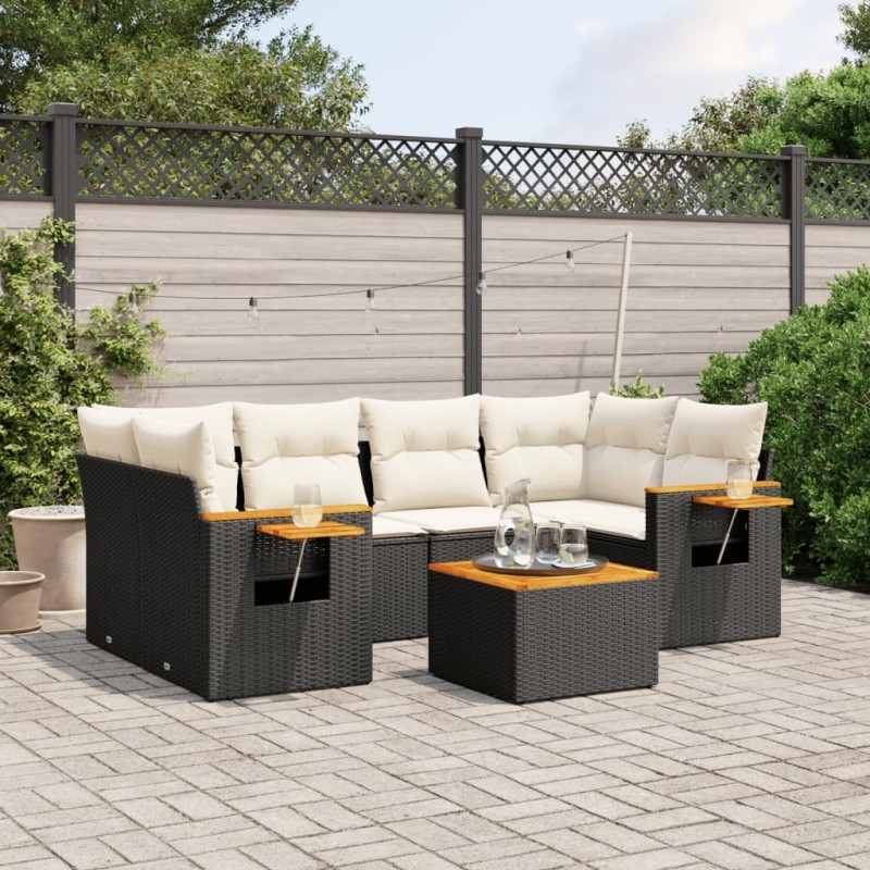 7-tlg. Garten-Sofagarnitur mit Kissen Schwarz Poly Rattan