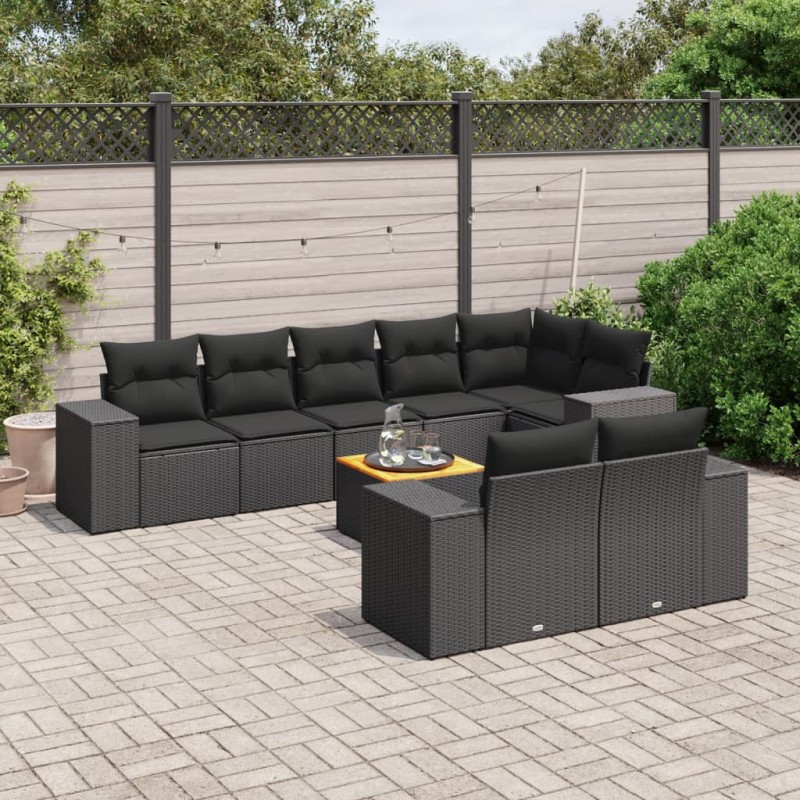 9-tlg. Garten-Sofagarnitur mit Kissen Schwarz Poly Rattan