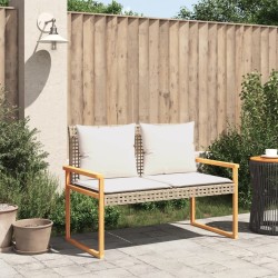 Gartenbank mit Kissen Beige Poly Rattan Akazienholz