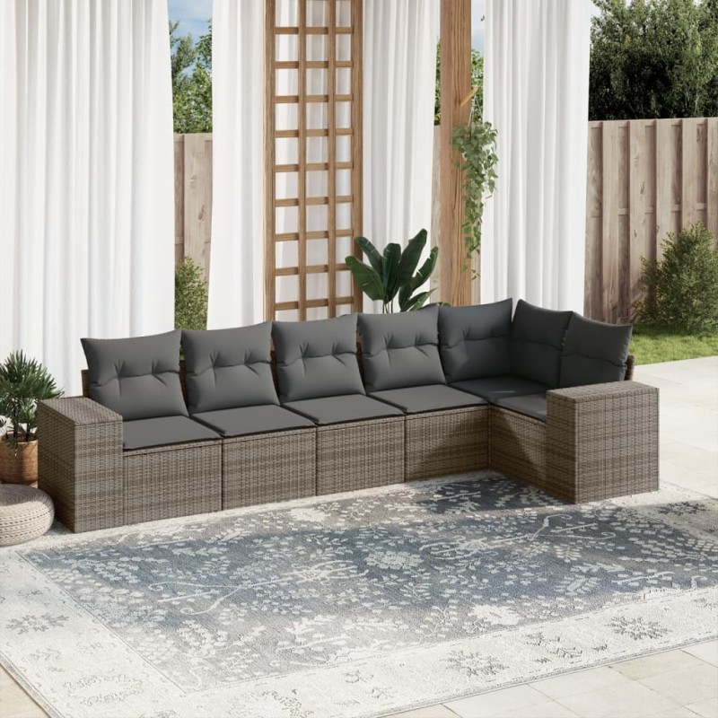 6-tlg. Garten-Sofagarnitur mit Kissen Grau Poly Rattan