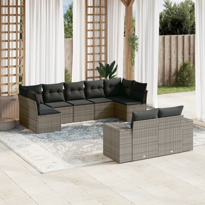 9-tlg. Garten-Sofagarnitur mit Kissen Grau Poly Rattan