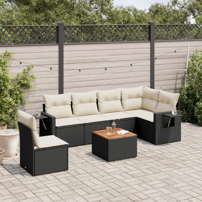 7-tlg. Garten-Sofagarnitur mit Kissen Schwarz Poly Rattan