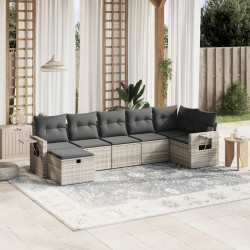 7-tlg. Garten-Sofagarnitur mit Kissen Hellgrau Poly Rattan