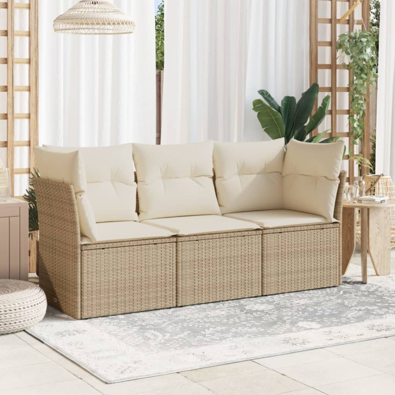 3-tlg. Garten-Sofagarnitur mit Kissen Beige Poly Rattan