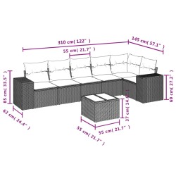 7-tlg. Garten-Sofagarnitur mit Kissen Schwarz Poly Rattan