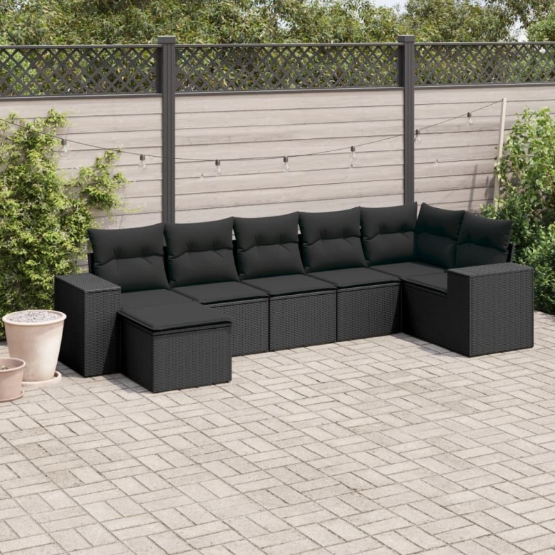 7-tlg. Garten-Sofagarnitur mit Kissen Schwarz Poly Rattan