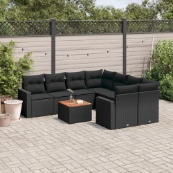 9-tlg. Garten-Sofagarnitur mit Kissen Schwarz Poly Rattan