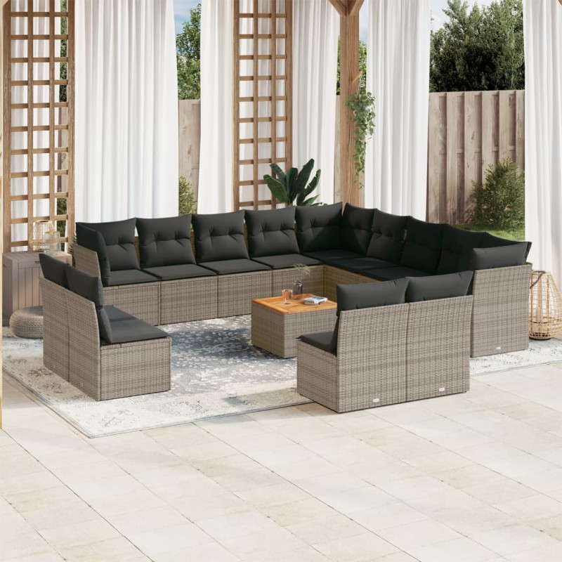 14-tlg. Garten-Sofagarnitur mit Kissen Grau Poly Rattan