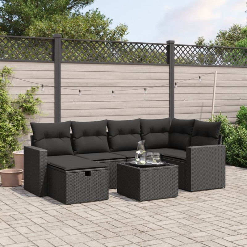 7-tlg. Garten-Sofagarnitur mit Kissen Schwarz Poly Rattan