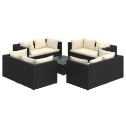 9-tlg. Garten-Lounge-Set mit Kissen Poly Rattan Schwarz