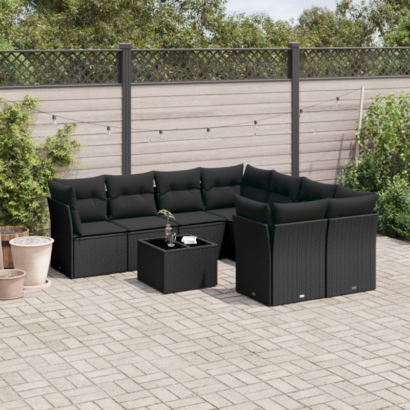 9-tlg. Garten-Sofagarnitur mit Kissen Schwarz Poly Rattan