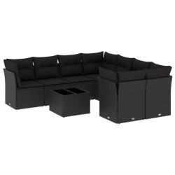 9-tlg. Garten-Sofagarnitur mit Kissen Schwarz Poly Rattan