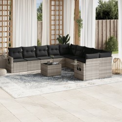 11-tlg. Garten-Sofagarnitur mit Kissen Hellgrau Poly Rattan