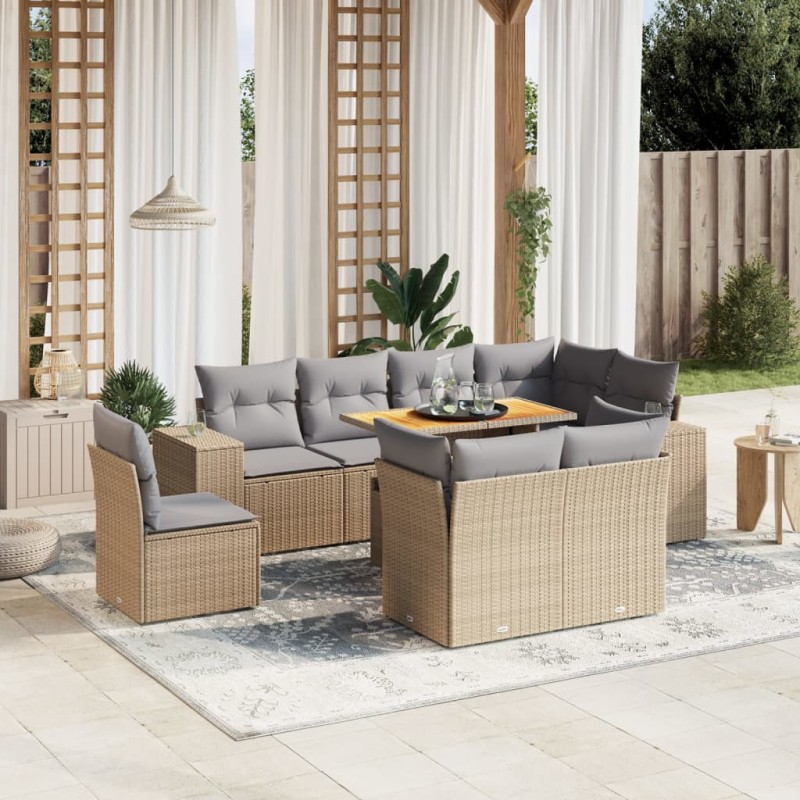 9-tlg. Garten-Sofagarnitur mit Kissen Beige Poly Rattan