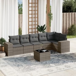 7-tlg. Garten-Sofagarnitur mit Kissen Grau Poly Rattan