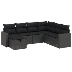 7-tlg. Garten-Sofagarnitur mit Kissen Schwarz Poly Rattan