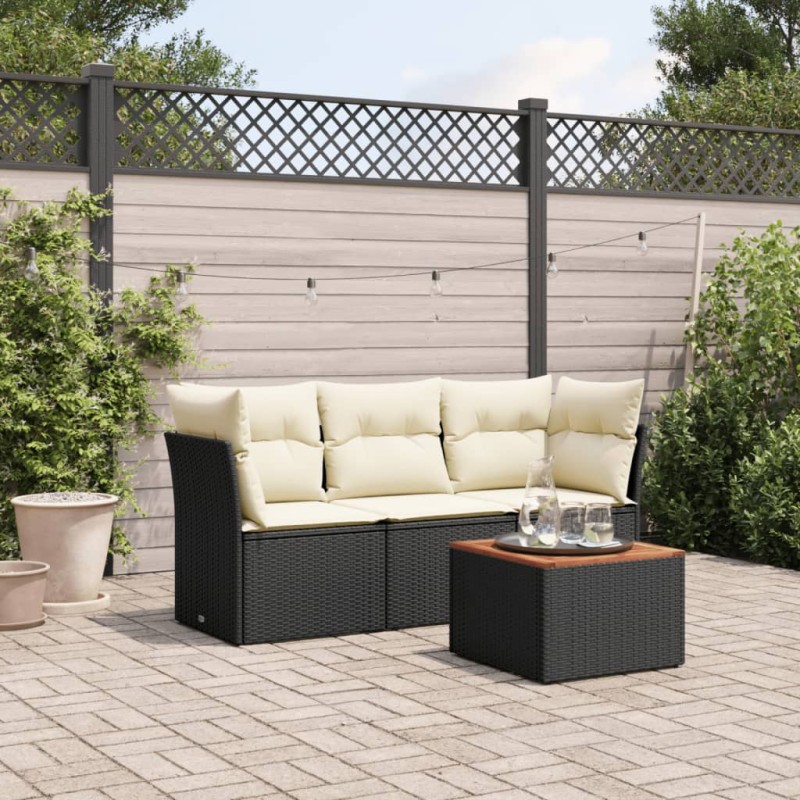 4-tlg. Garten-Sofagarnitur mit Kissen Schwarz Poly Rattan