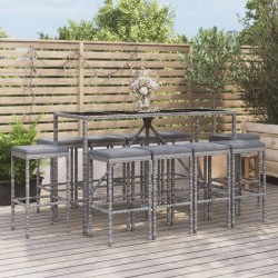 11-tlg. Gartenbar-Set mit Kissen Grau Poly Rattan