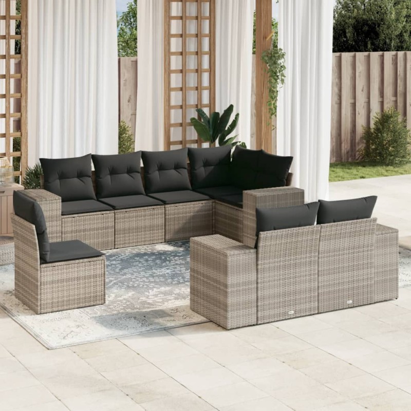 8-tlg. Garten-Sofagarnitur mit Kissen Hellgrau Poly Rattan