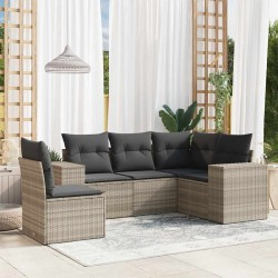 5-tlg. Garten-Sofagarnitur mit Kissen Hellgrau Poly Rattan