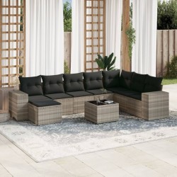 9-tlg. Garten-Sofagarnitur mit Kissen Hellgrau Poly Rattan