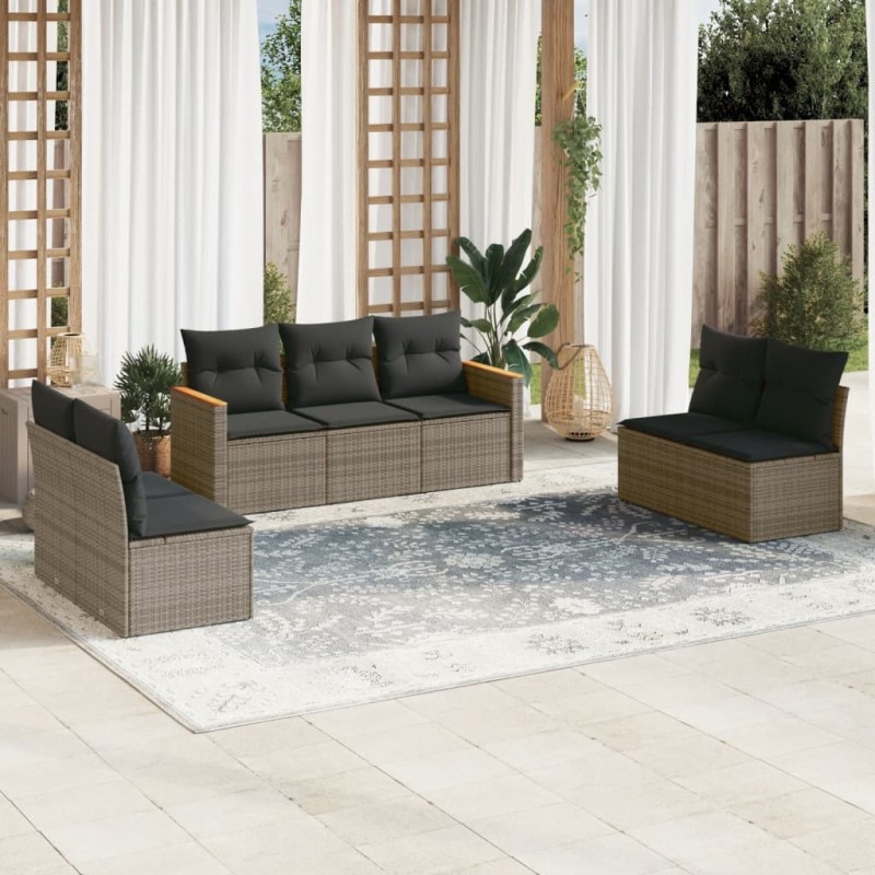 7-tlg. Garten-Sofagarnitur mit Kissen Grau Poly Rattan