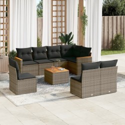 9-tlg. Garten-Sofagarnitur mit Kissen Grau Poly Rattan