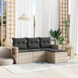 4-tlg. Garten-Sofagarnitur mit Kissen Hellgrau Poly Rattan