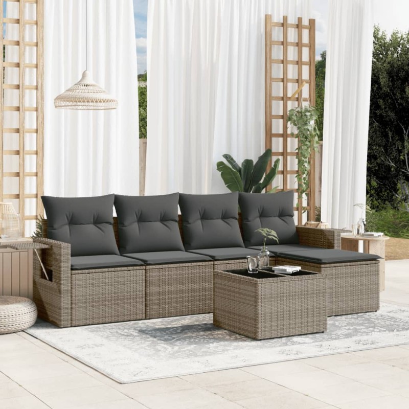 6-tlg. Garten-Sofagarnitur mit Kissen Grau Poly Rattan