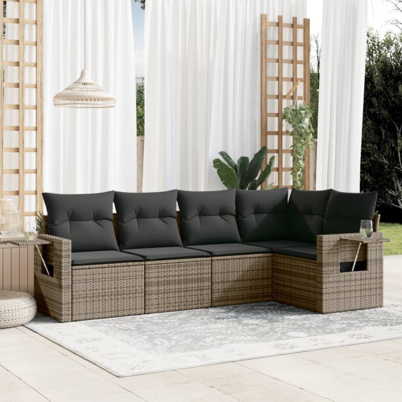 5-tlg. Garten-Sofagarnitur mit Kissen Grau Poly Rattan