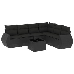 7-tlg. Garten-Sofagarnitur mit Kissen Schwarz Poly Rattan