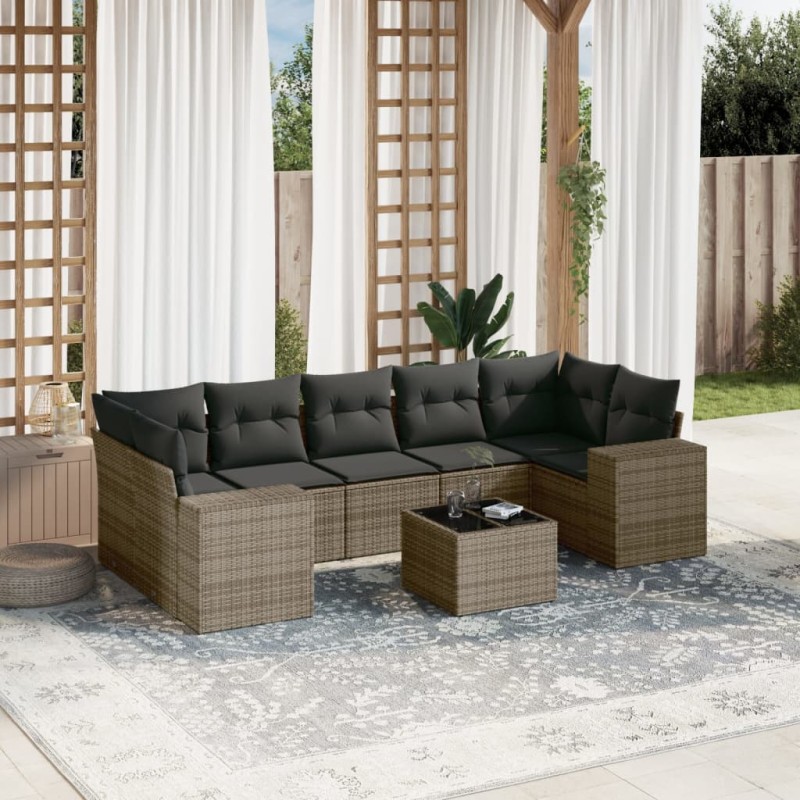 8-tlg. Garten-Sofagarnitur mit Kissen Grau Poly Rattan