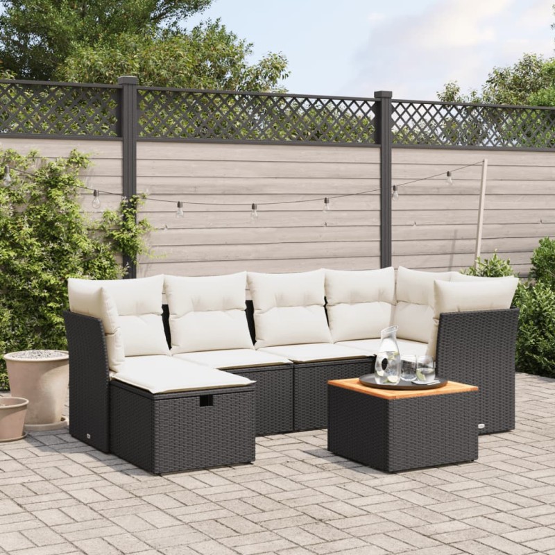 7-tlg. Garten-Sofagarnitur mit Kissen Schwarz Poly Rattan