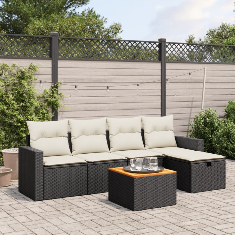 6-tlg. Garten-Sofagarnitur mit Kissen Schwarz Poly Rattan