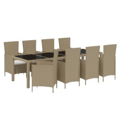 9-tlg. Garten-Essgruppe mit Kissen Poly Rattan Beige