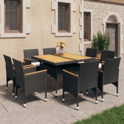 9-tlg. Garten-Essgruppe Poly Rattan und Massivholz Schwarz