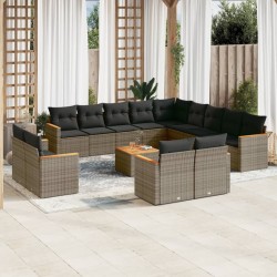 14-tlg. Garten-Sofagarnitur mit Kissen Grau Poly Rattan