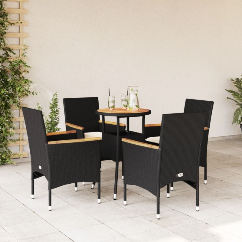 5-tlg. Garten-Essgruppe mit Kissen Schwarz Poly Rattan Akazie