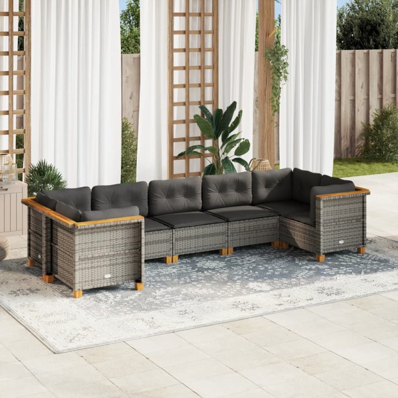 7-tlg. Garten-Sofagarnitur mit Kissen Grau Poly Rattan