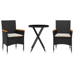 3-tlg. Bistro-Set mit Kissen Schwarz Poly Rattan und Glas