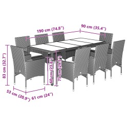 9-tlg. Garten-Essgruppe mit Kissen Hellgrau Poly Rattan & Glas