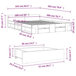 Bettgestell mit Schubladen Räuchereiche 160x200cm Holzwerkstoff