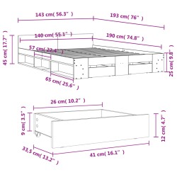 Bettgestell mit Schubladen Betongrau 140x190 cm Holzwerkstoff