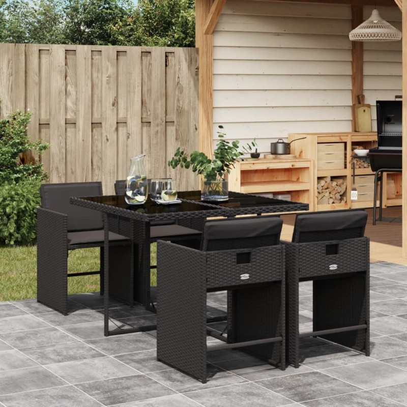 5-tlg. Garten-Essgruppe mit Kissen Schwarz Poly Rattan