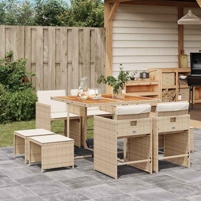 9-tlg. Garten-Essgruppe mit Kissen Beige Poly Rattan