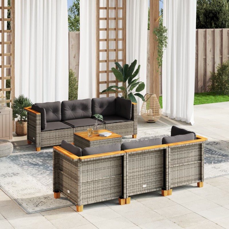 7-tlg. Garten-Sofagarnitur mit Kissen Grau Poly Rattan