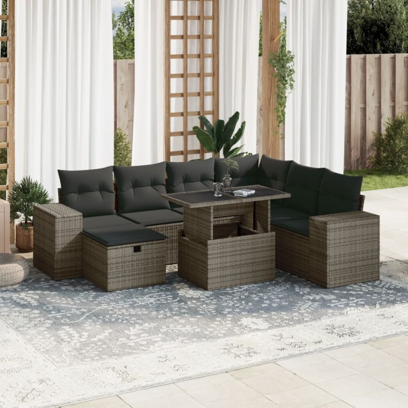 8-tlg. Garten-Sofagarnitur mit Kissen Grau Poly Rattan