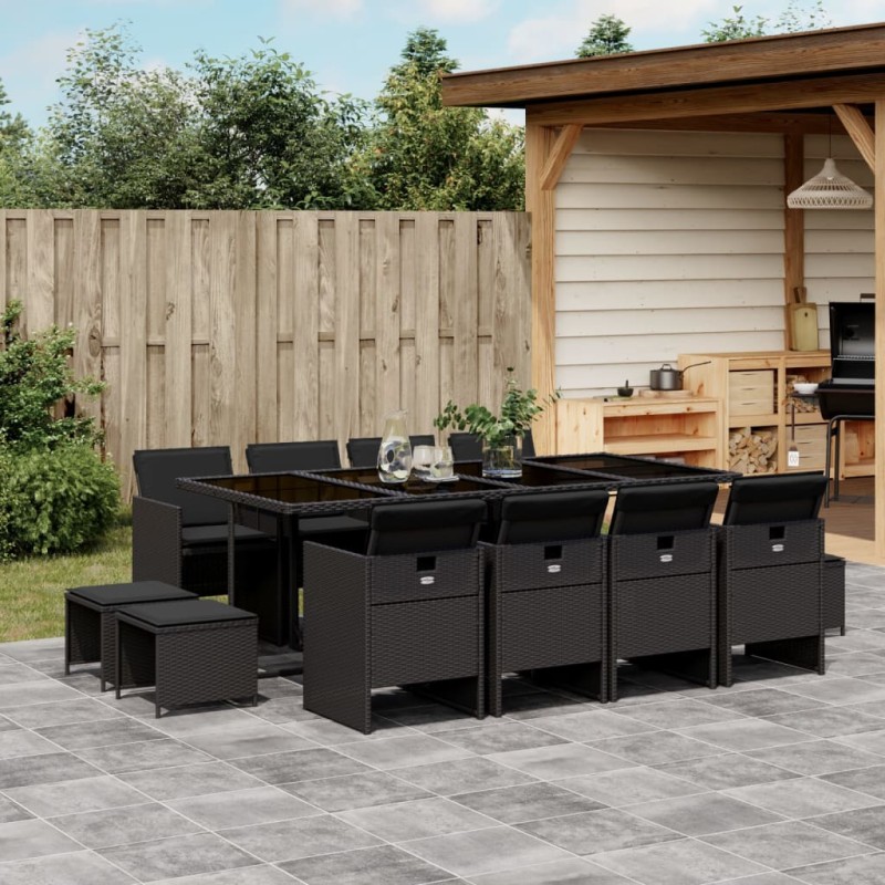 13-tlg. Garten-Essgruppe mit Kissen Schwarz Poly Rattan