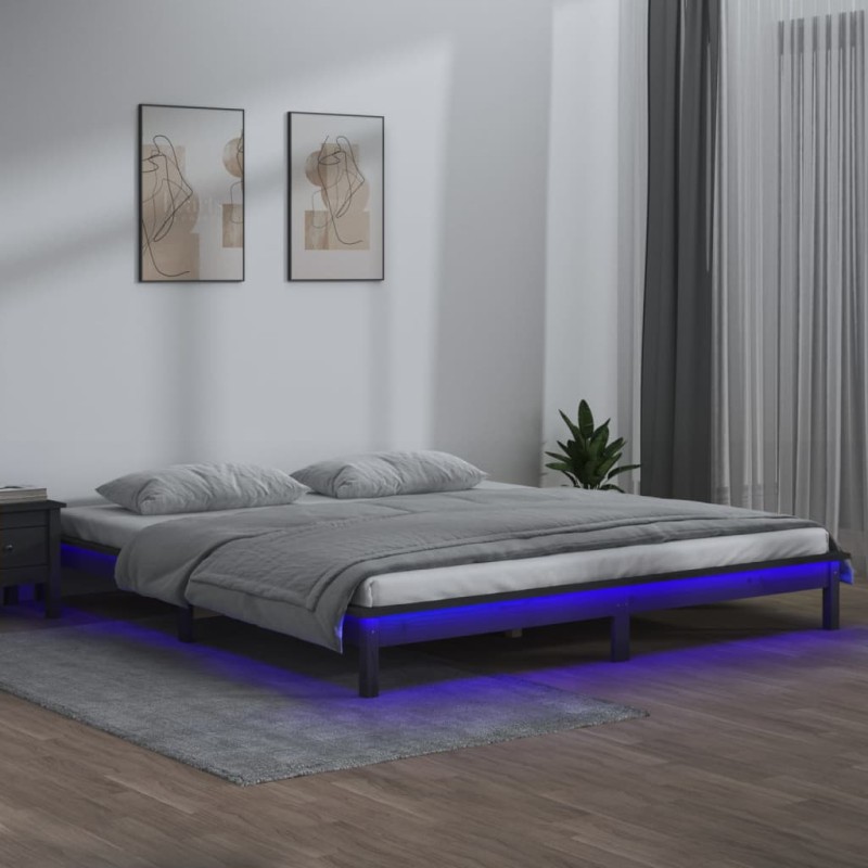 Massivholzbett mit LEDs Grau 140x190 cm